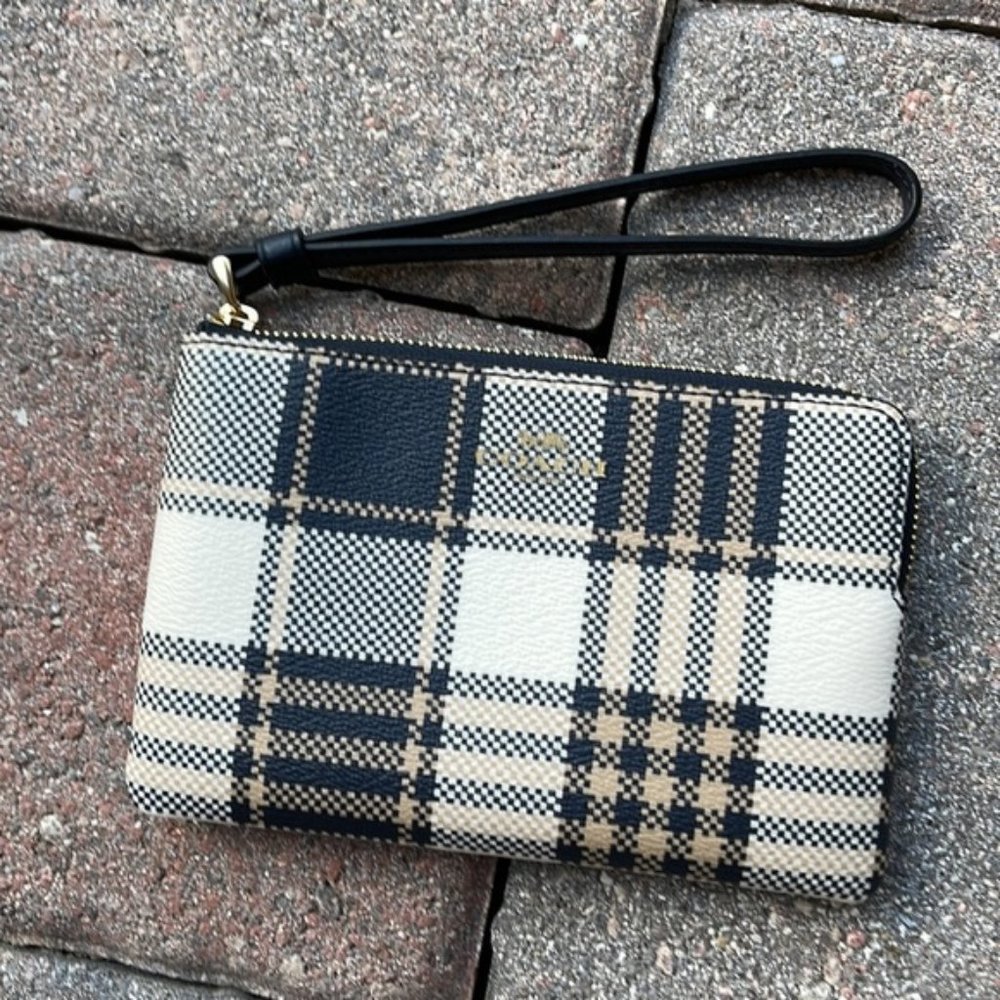 Coach Corner Zip Wristlet With Garden Plaid Print - Picture 8 of 15